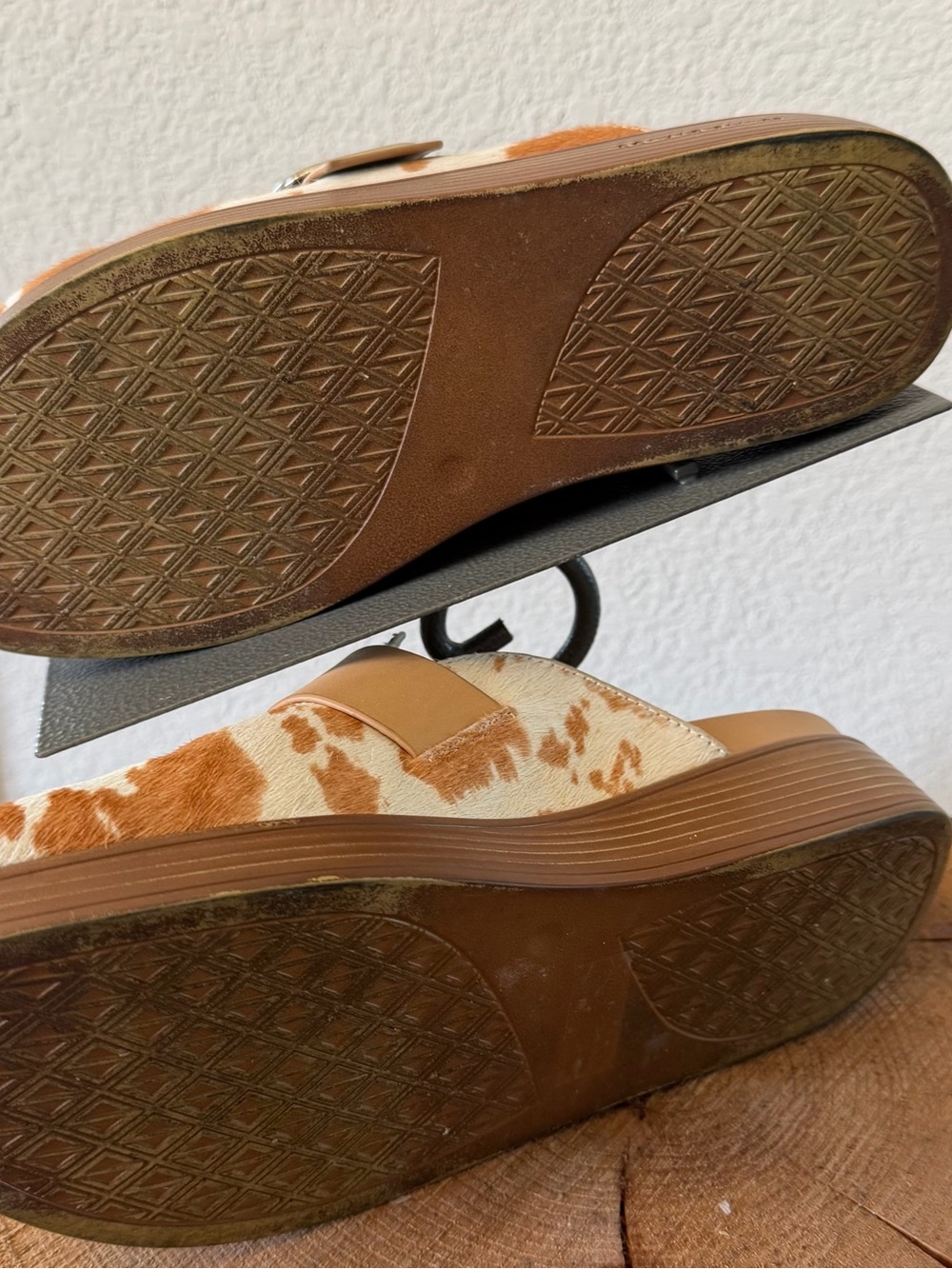 Donald J. Pliner Cowhide Mule Clogs in Tan and White with Buckle Accent - Picture 6 of 6